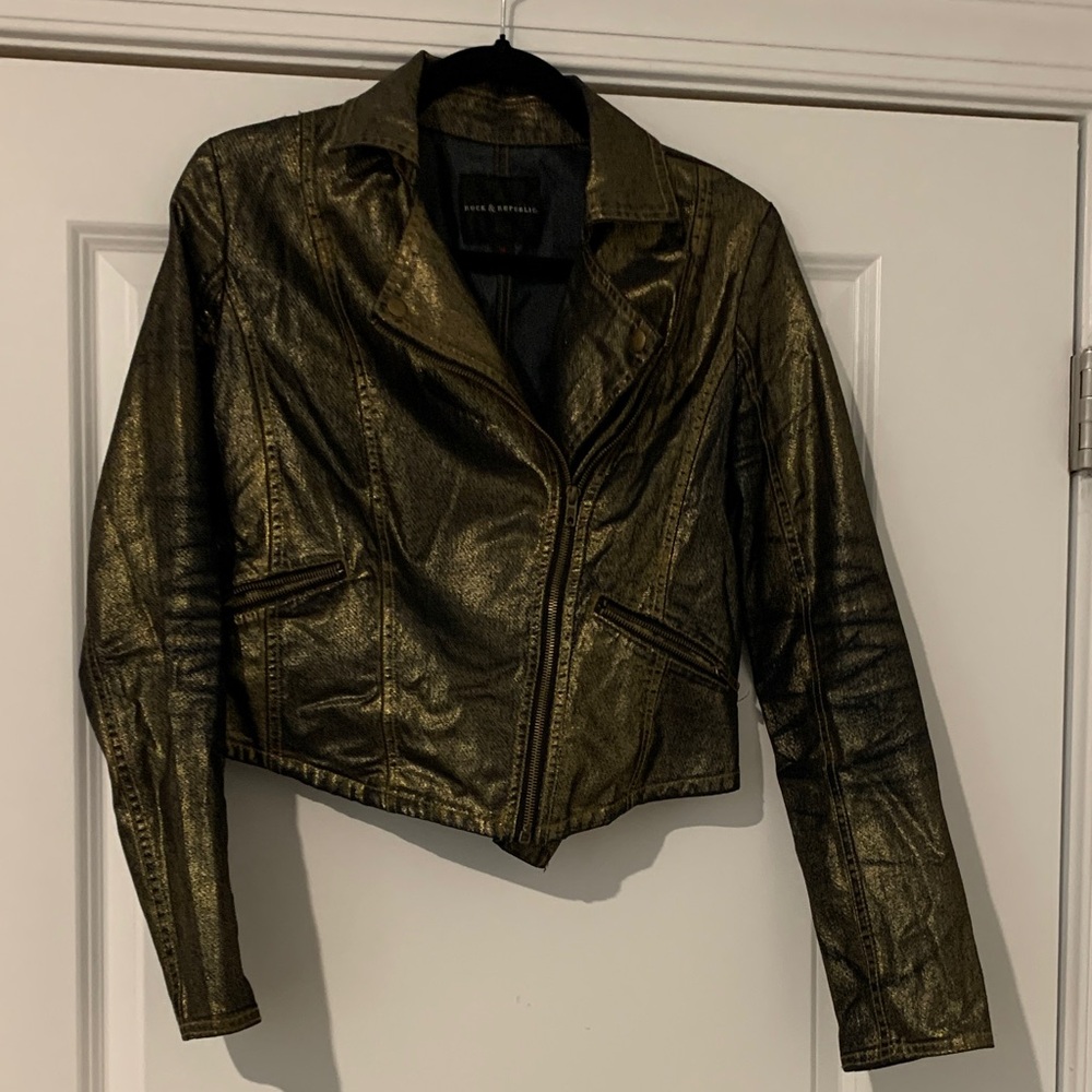 Rock & Republic glazed denim moto Metallic Gold  Jacket medium